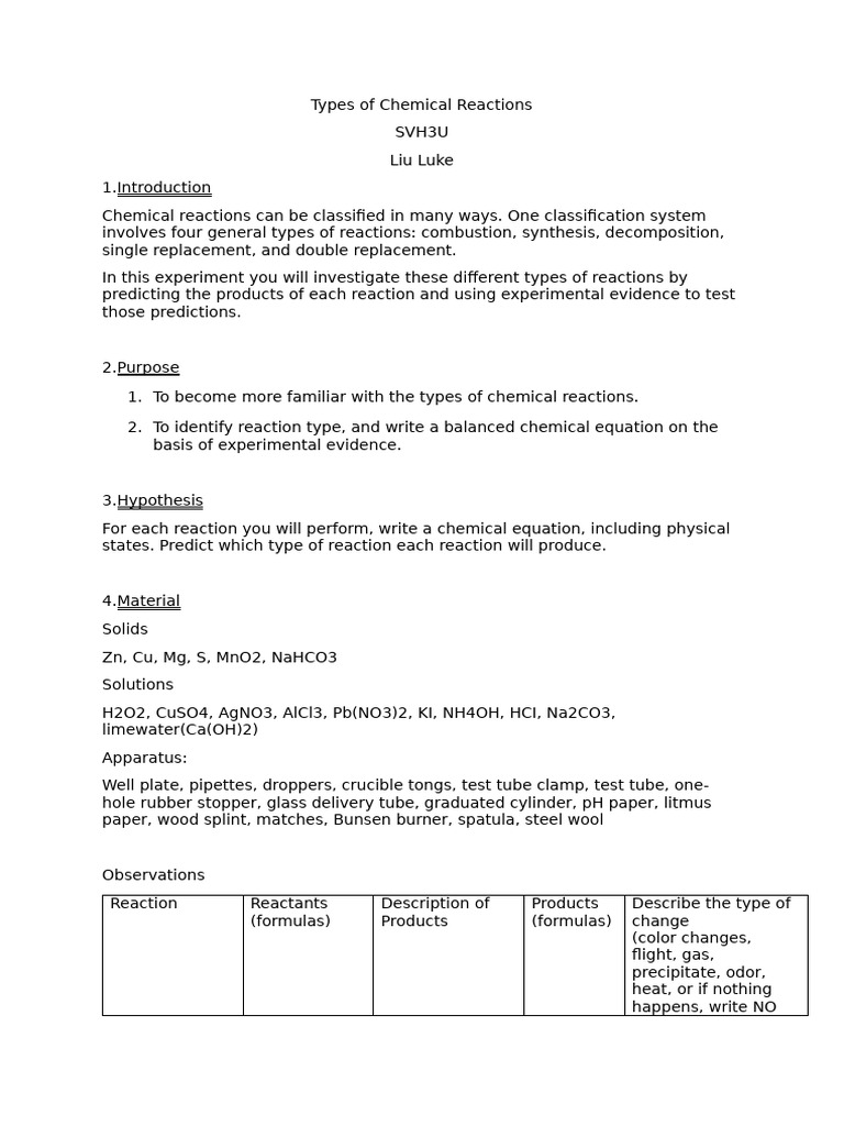 Types of Chemical Reactions | PDF | Magnesium | Chemical Reactions