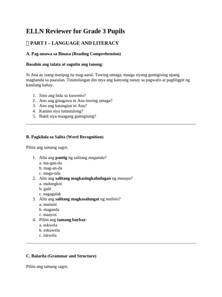 ELLN Reviewer For Grade 3 Pupils | PDF
