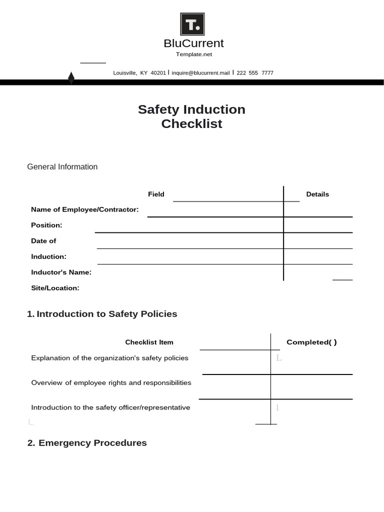 Safety Induction Checklist Template | PDF | Personal Protective ...