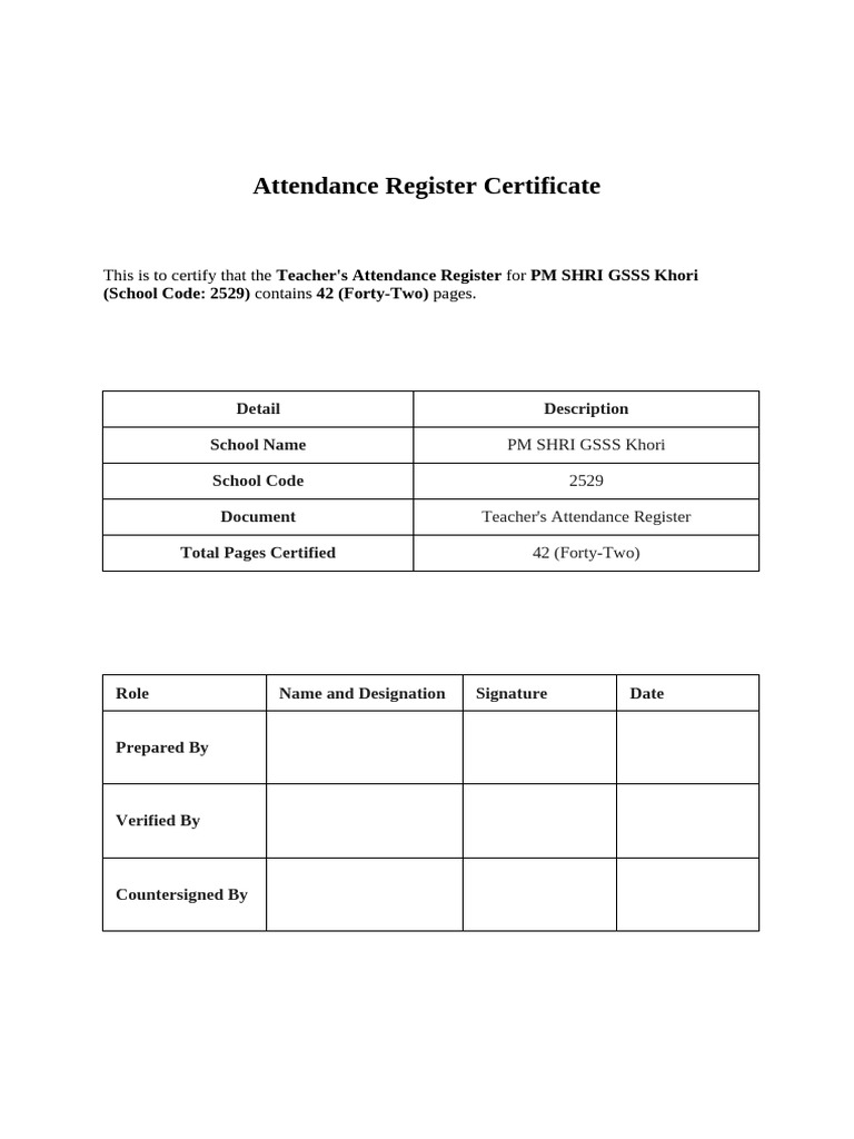 Attendance Register Certificate | PDF