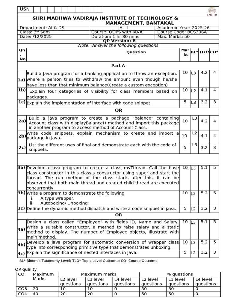 OOPS Question Paper | PDF | Computer Engineering | Systems Architecture