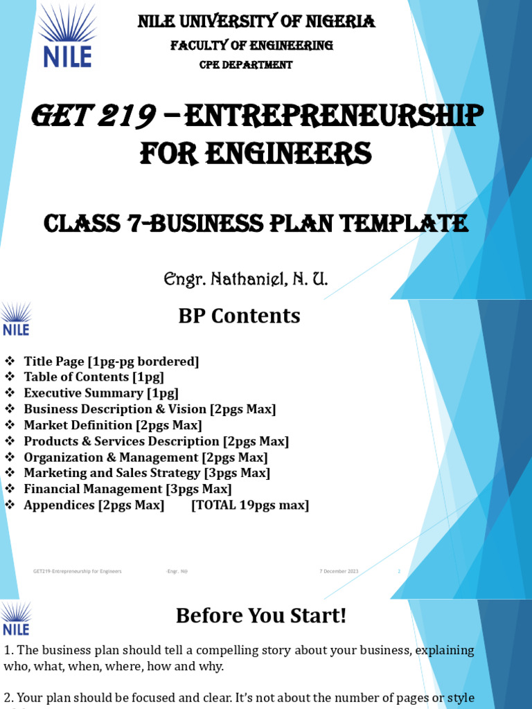 CLASS-7-GET219 - E for E - Business Plan Template | PDF | Business