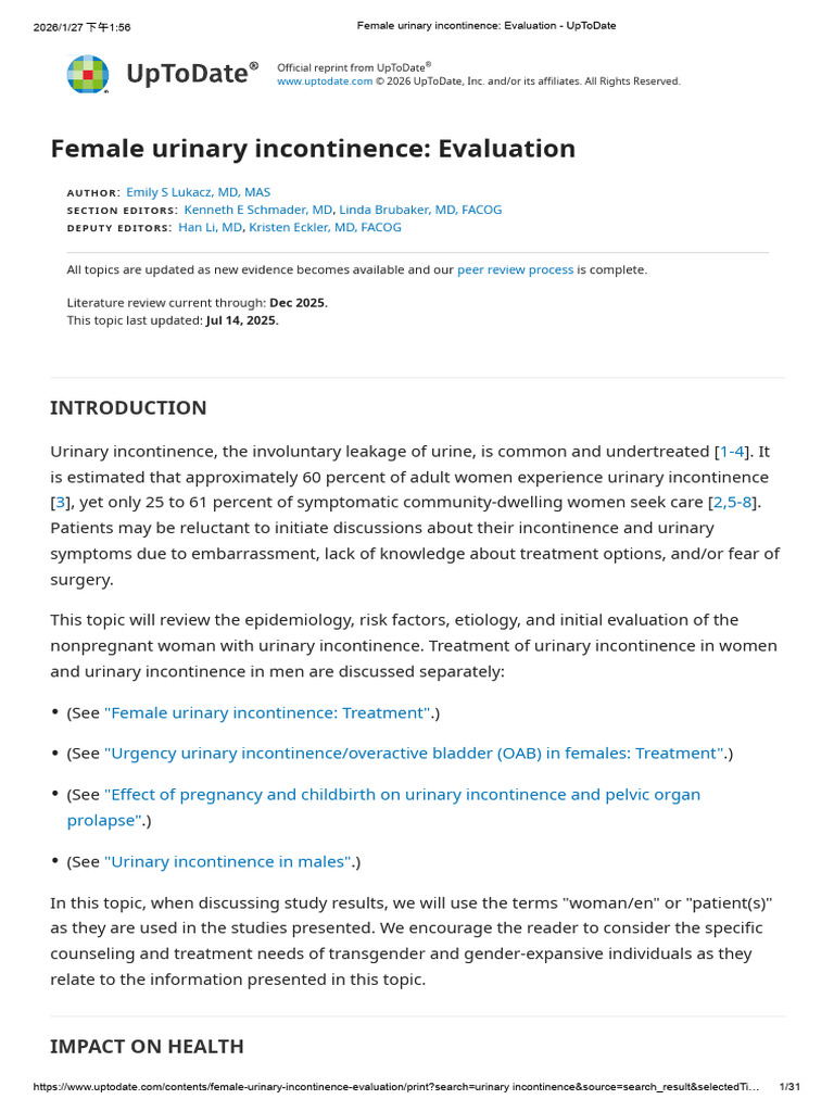 Female Urinary Incontinence - Evaluation - UpToDate | PDF | Urinary ...