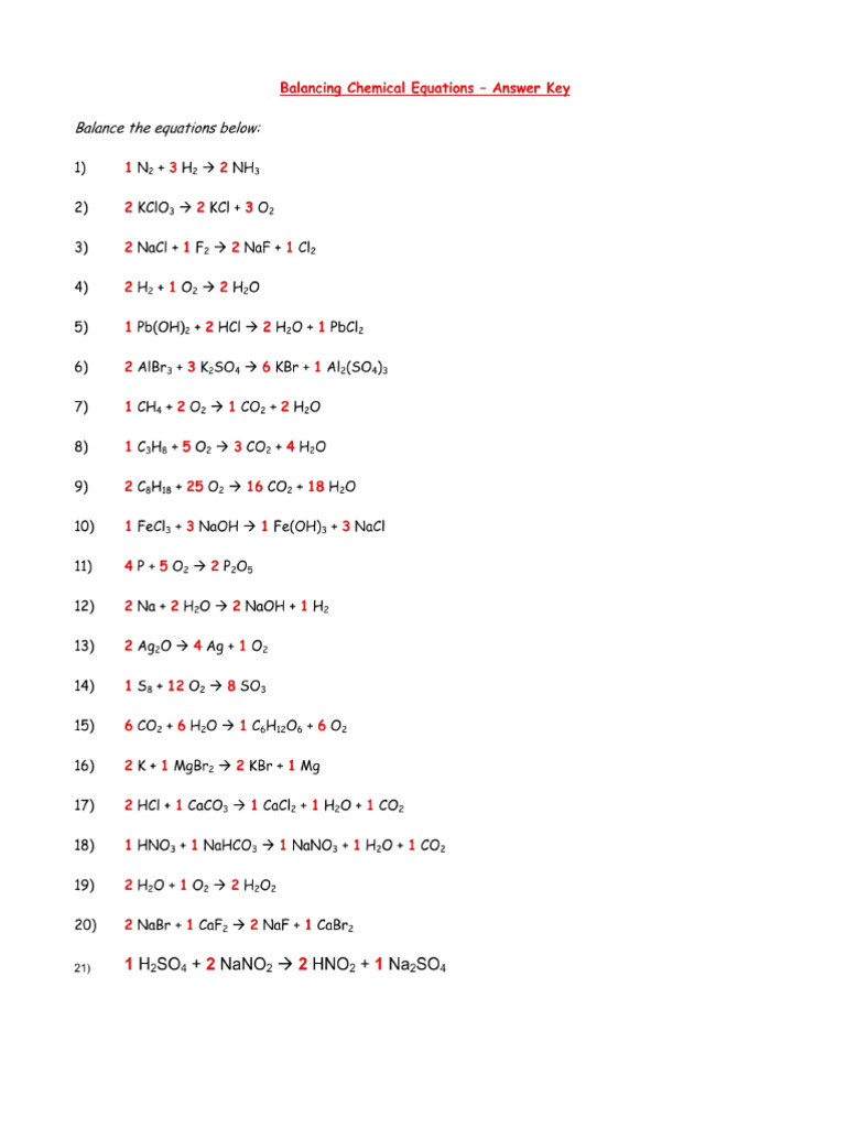 Ans Key Balancing Equation 1 Worksheet PDF | PDF