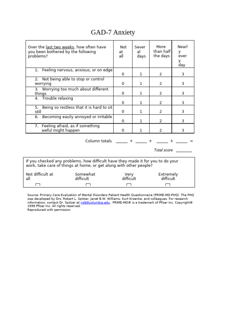 Gad-7 Form | PDF | Emotions | Psychology
