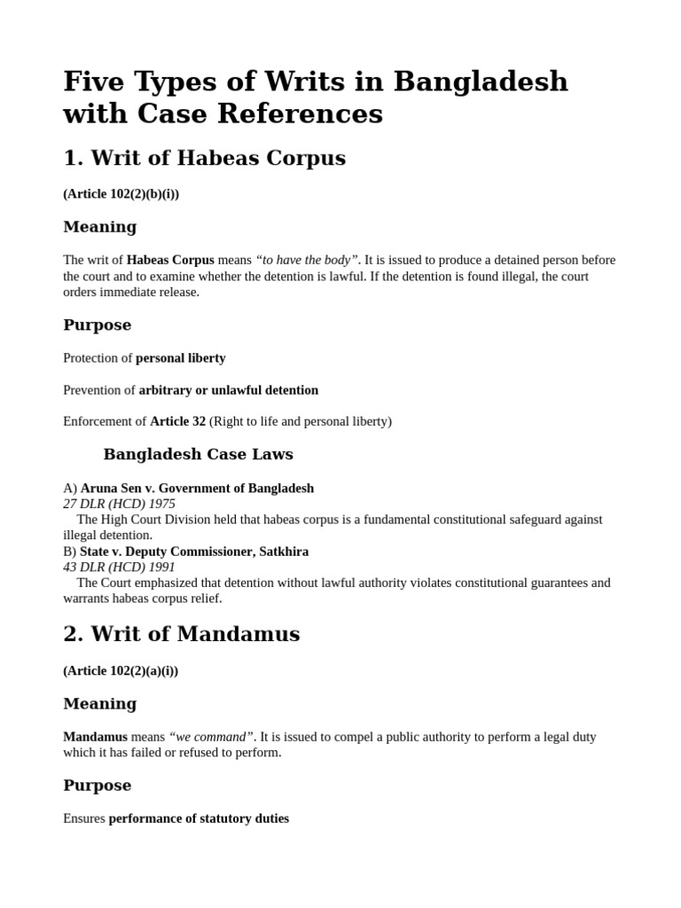 Five Types of Writs in Bangladesh With Case Refere | PDF | Habeas ...
