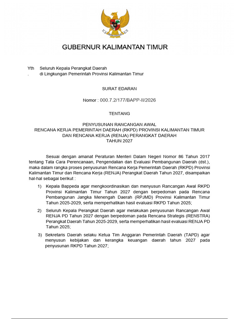 01 SE Gubernur Penyusunan Ranwal RKPD Dan RENJA PD Tahun 2027 | PDF