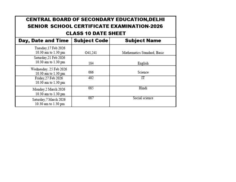 Cbse Board Exam Datesheet X 2026 | PDF