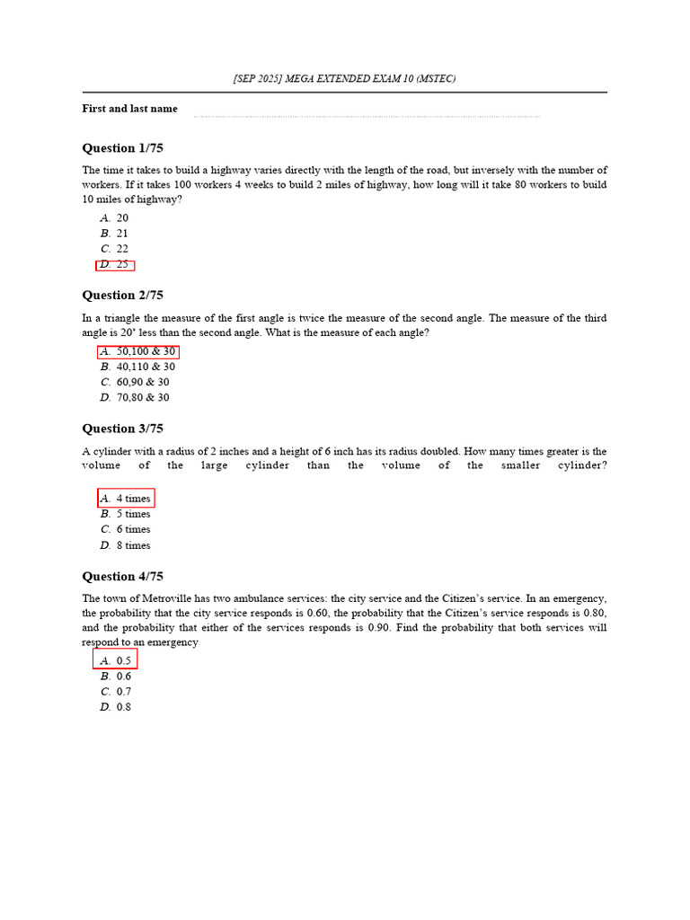 (SEP 2025) MEGA EXTENDED EXAM 10 (MSTEC) - Questions | PDF | Circle | Area