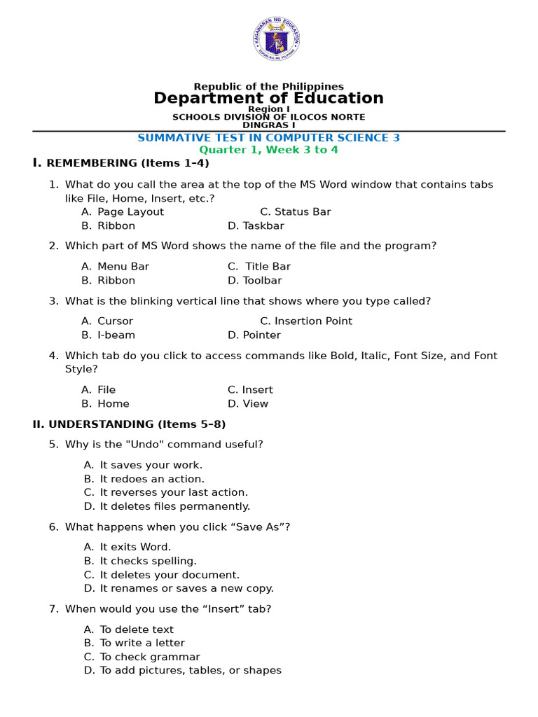 Computer Science - Summative Test 2 | PDF | Microsoft Word | Cursor ...