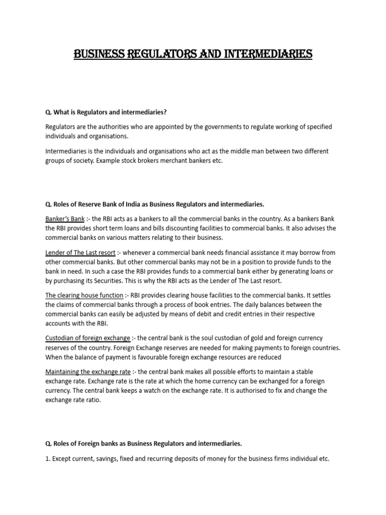 Business Regulators and Intermediaries | PDF | Banks | Reserve Bank Of ...