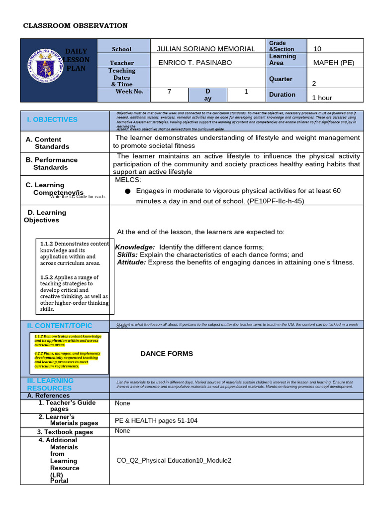 q2 Cot LP - Pe10 (Dance Forms) | PDF | Learning | Curriculum