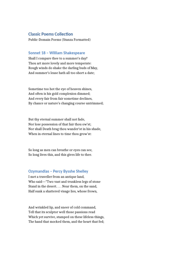 Classic Poems Collection Stanza Formatted | PDF | Poetry