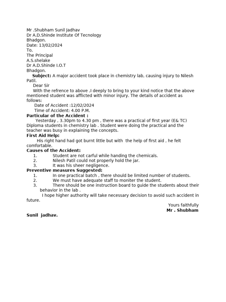 Shubham Jadhav 2608 (Accident Letter) | PDF