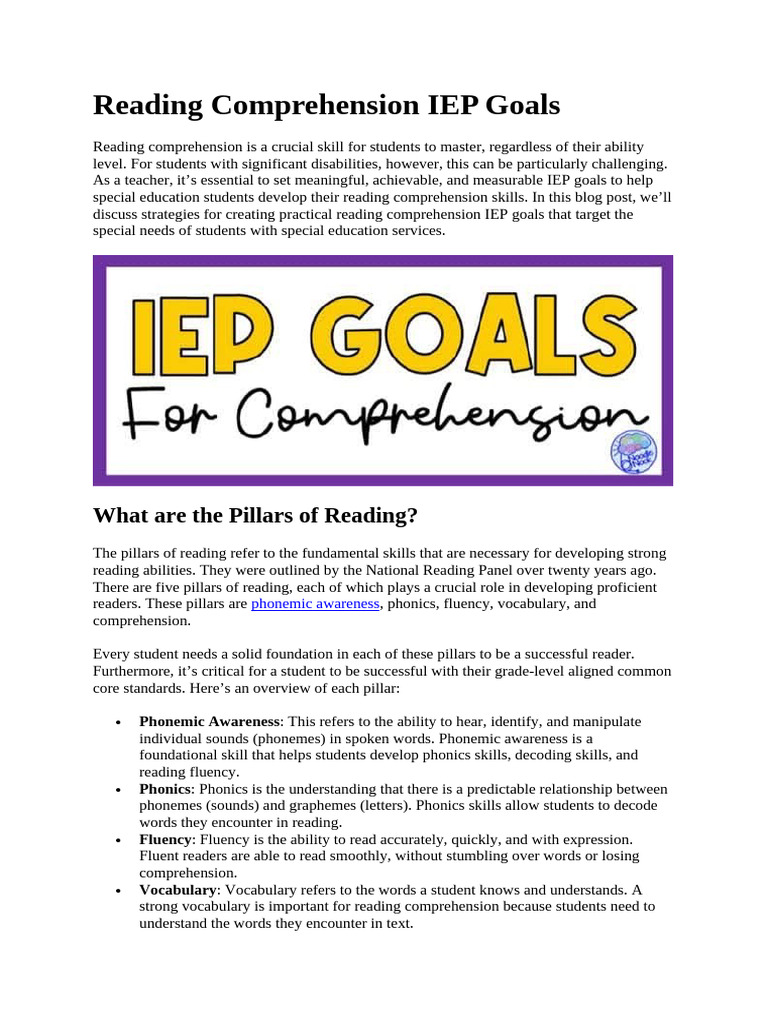 Reading Comprehension IEP Goals | PDF | Reading Comprehension | Phonics