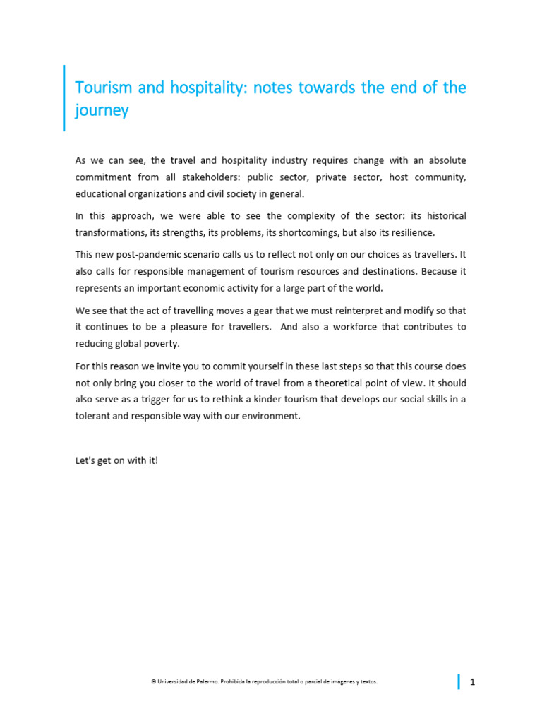 Tourism and Hospitality - Notes Towards the End of the Journey | PDF