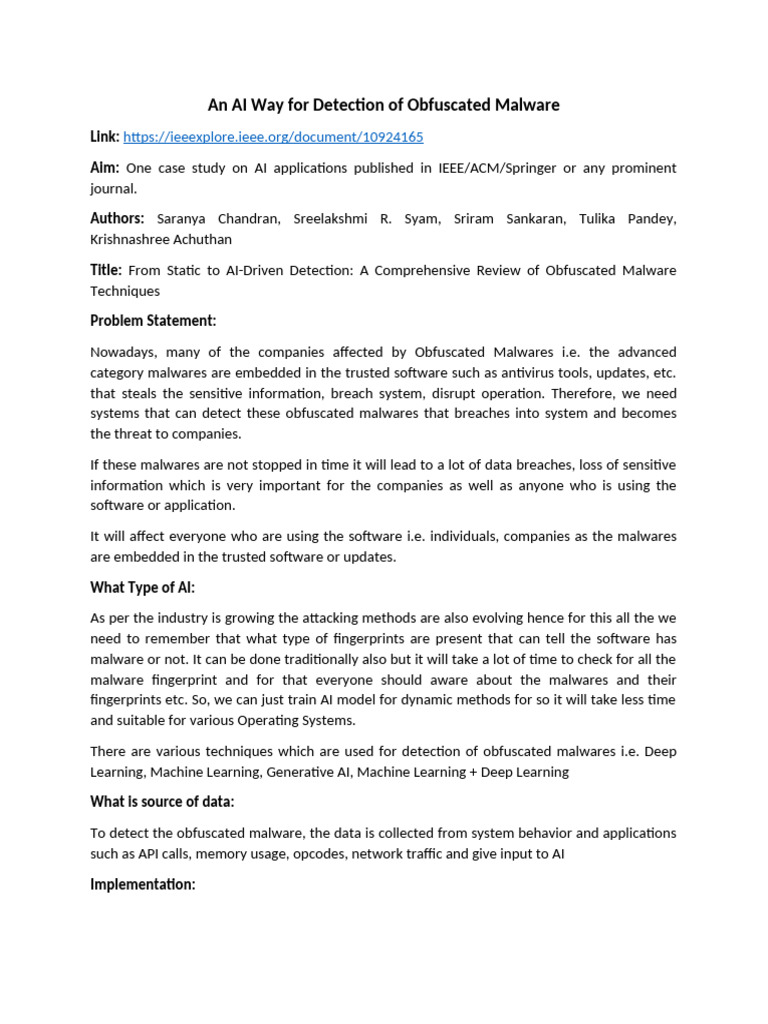 An AI Way for Detection of Obfuscated Malware | PDF | Malware ...
