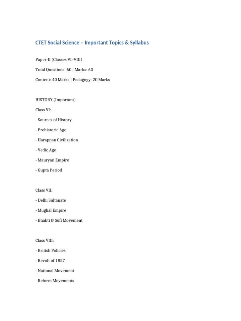 CTET Social Science Important Topics | PDF