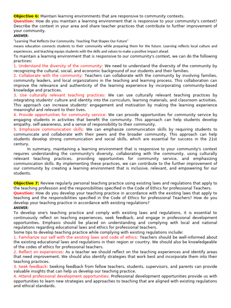Legit TRF Objectives 6 9 SET 4 ANSWERS | PDF | Teachers | Learning
