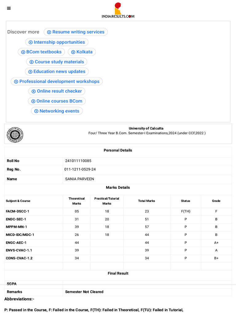 BCOM SEM I Exam 2024 Result _ University of Calcutta (1) | PDF