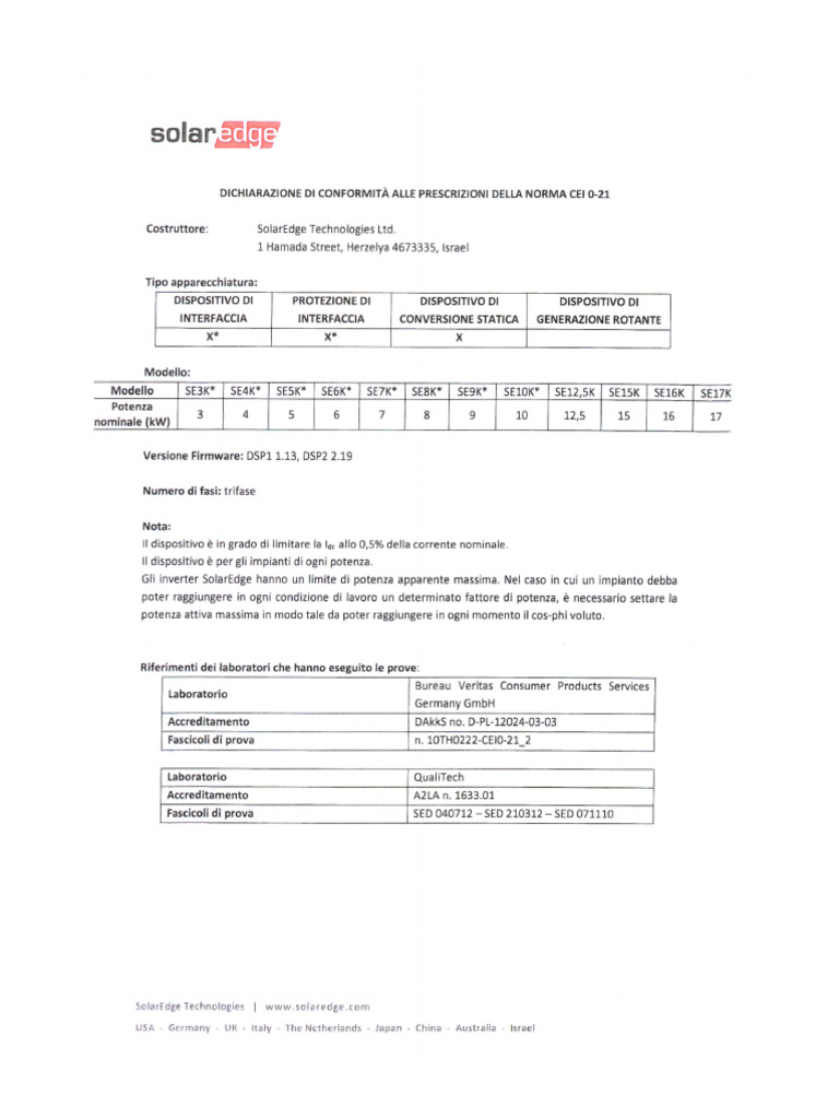 Se Three Phase Inverters Declaration of Conformity Cei021 It | PDF