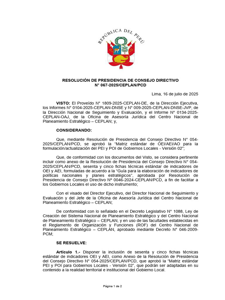 2.RPCD 067 2025 CEPLAN PCD Indicadores Estandar | PDF | Planificación