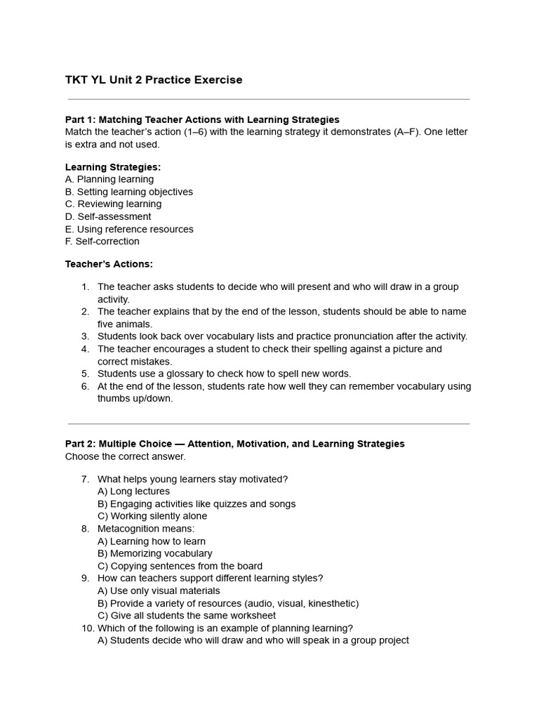 TKT YL Unit 2 Practice Exercise | PDF