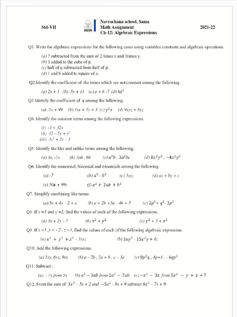 CL 6 Algebric Expression 2 | PDF | Numerical Analysis | Elementary ...