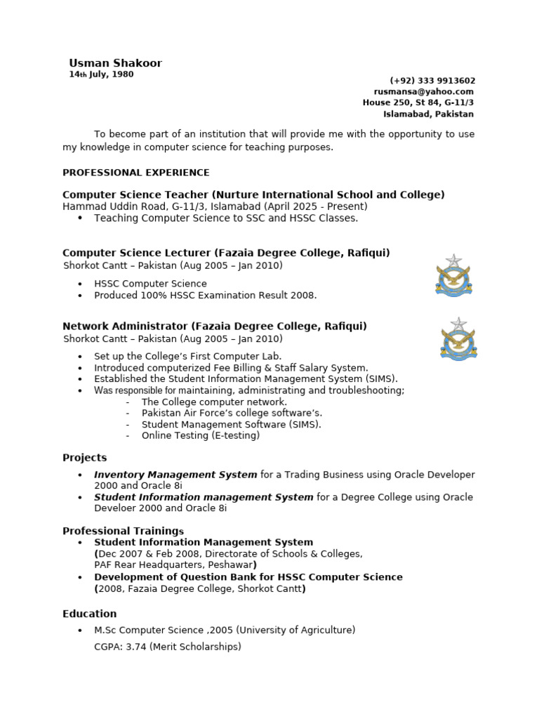 Usman - CV - Computer Teacher | PDF | Computing
