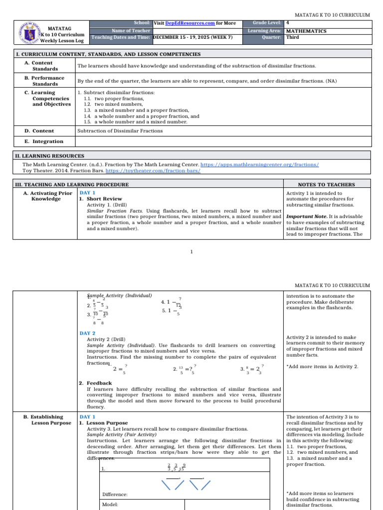 DLL Matatag - Math 4 q3 w7 | PDF | Subtraction | Cognitive Psychology