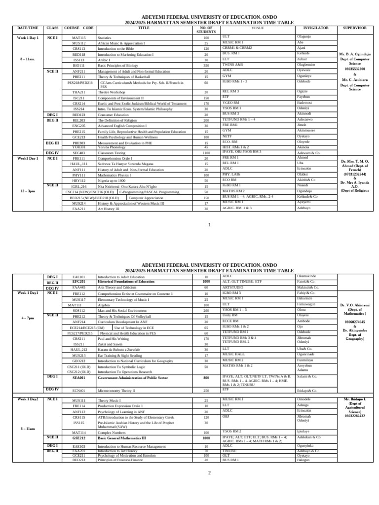 2024-2025 Harmattan Semester Draft Examination Timetable | PDF