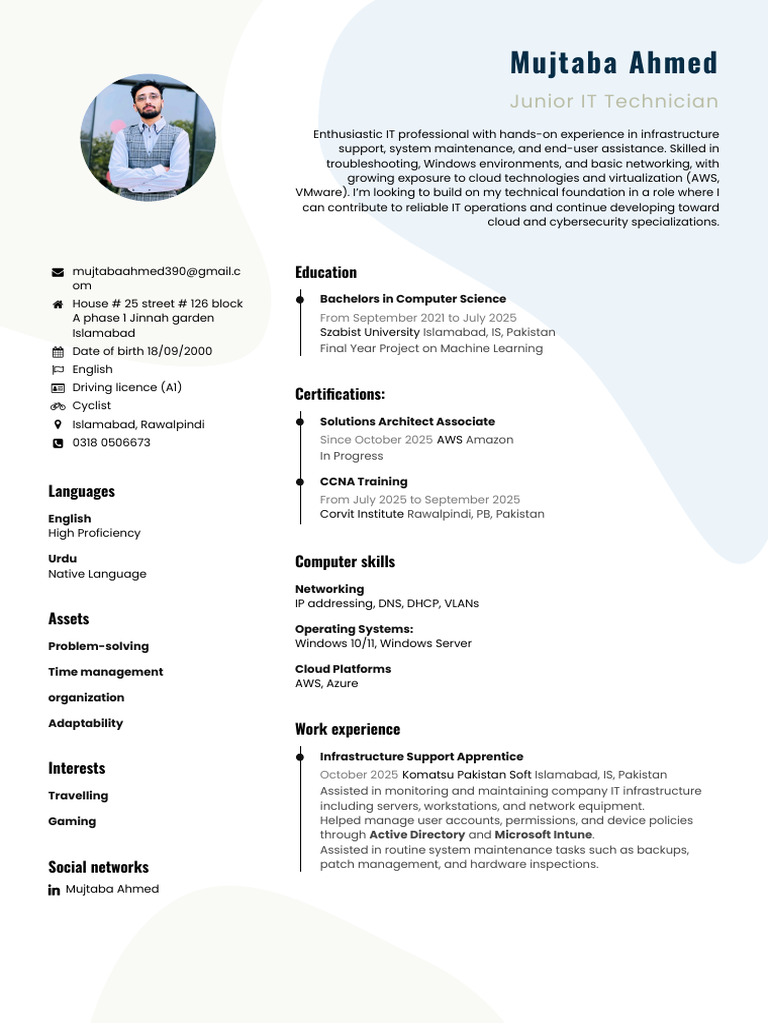 CV 2025-10-30 Mujtaba Ahmed 1 | PDF | Cloud Computing | Computer Network