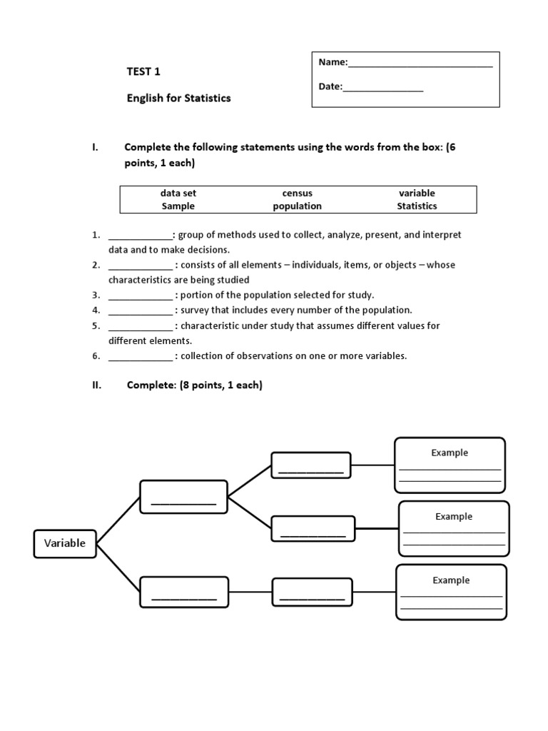 Test 1 English For Statistics: I. Complete The Following Statements ...