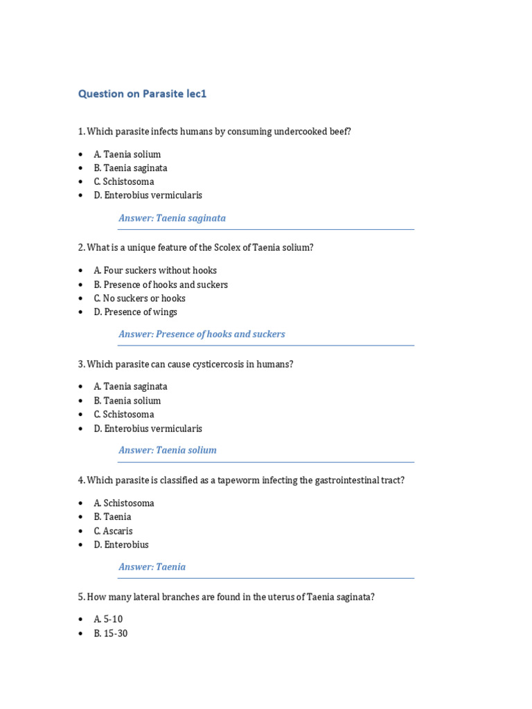 Parasite Questions 2 | PDF | Microbiology | Diseases And Disorders
