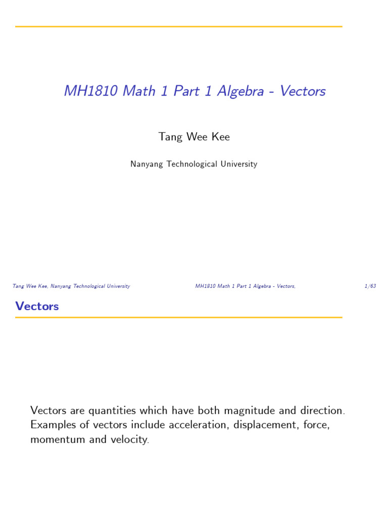 Slides - MH1810 - 2025 - Part - 1 - 2 - Vectors TWK | PDF | Euclidean ...