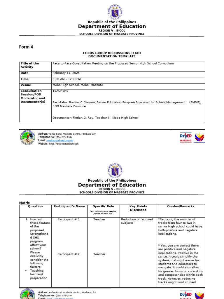 Form 4 Documentation Template For FGD Teachers | PDF | Teachers ...