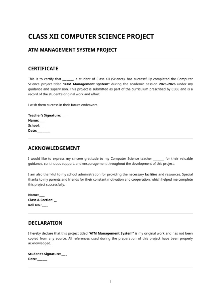 Class 12 Computer Science Project - Atm Project | PDF | Personal ...