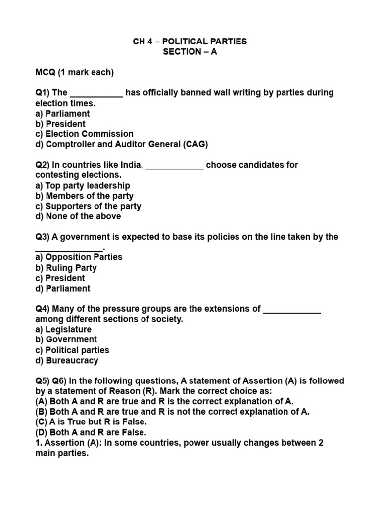CH 4 - Political Parties (Assignment Booklet) | PDF | Politics Of India ...