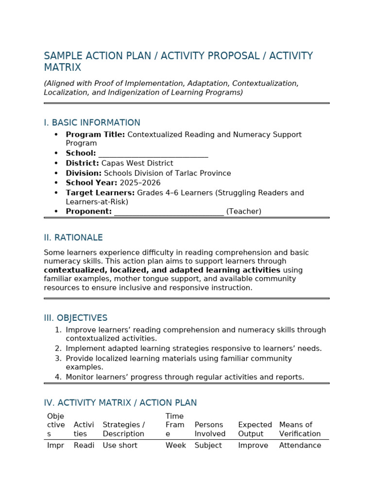 Sample Action Plan - Activity Proposal - Activity Matrix (Learning ...