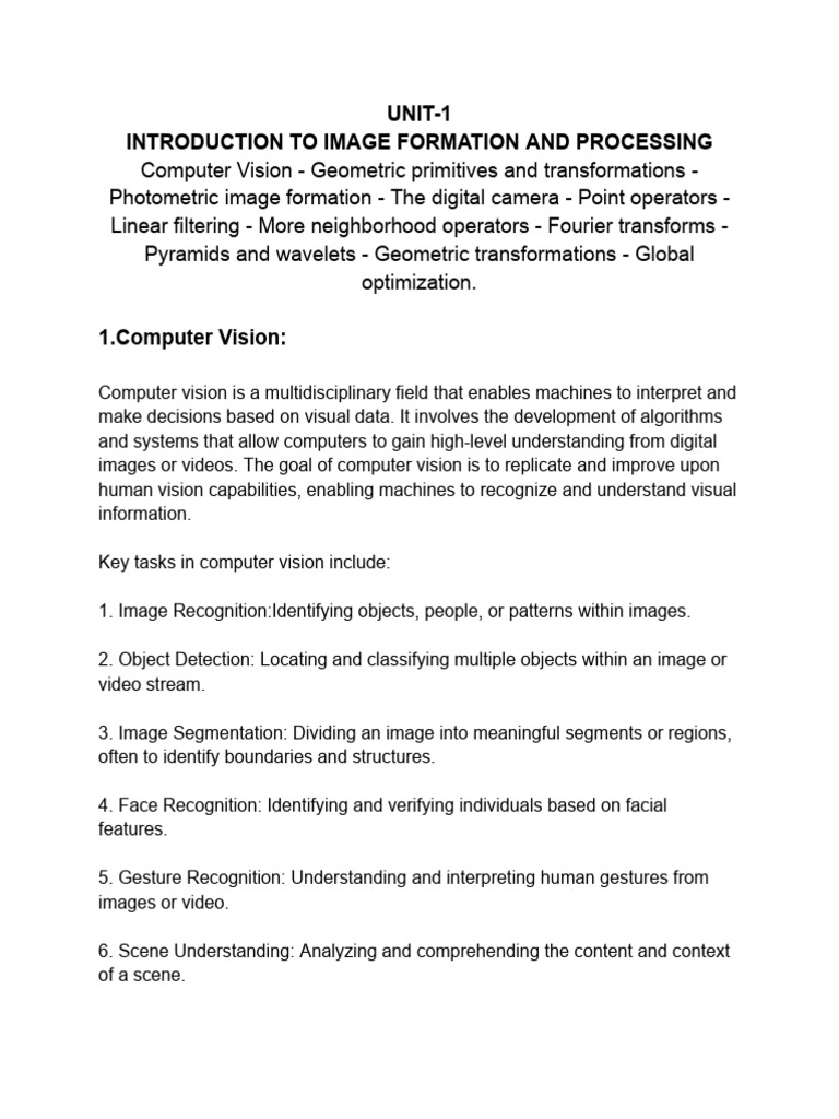 CCS338-Computer Vision Notes AllUnits | PDF | Image Segmentation | Camera