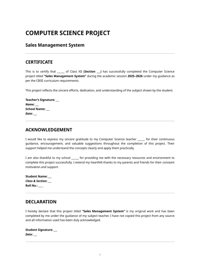 Class 12 Computer Science Project - Sales Management System | PDF ...