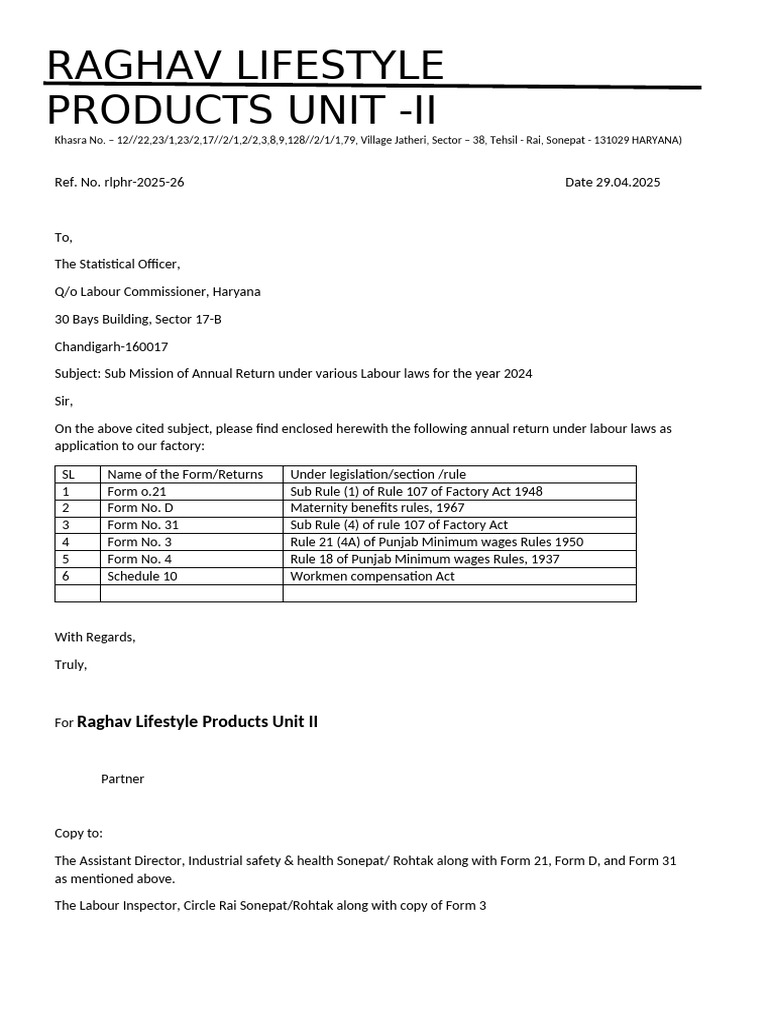 Covering Letter Factory Act Return | PDF