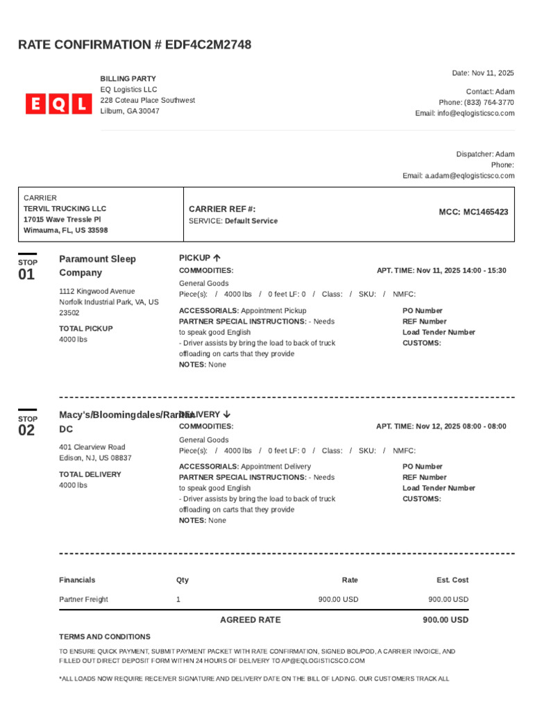 EDF4C2M2748 Rate Confirmation (1) | PDF | Cargo | Bill Of Lading
