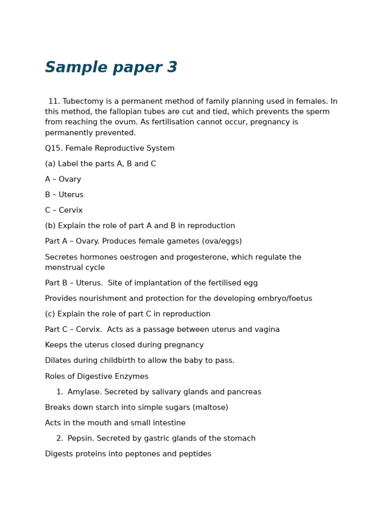 Sample Paper 3 | PDF | Human Reproduction | Digestion