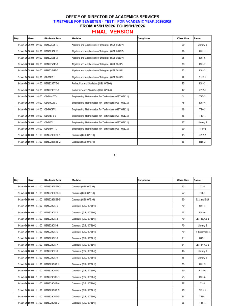 F - Test 1 Timetable 2025-2025 - Semester 1 - GS Modules - 09!01!2026 ...