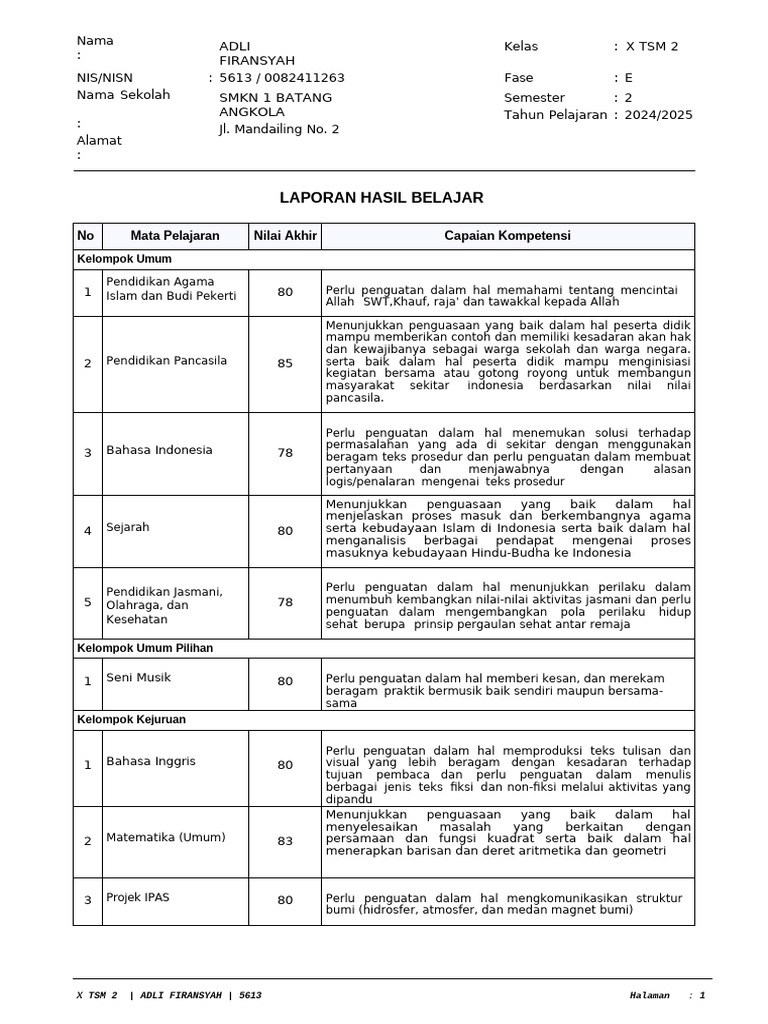 Rapor - Adli Firansyah | PDF