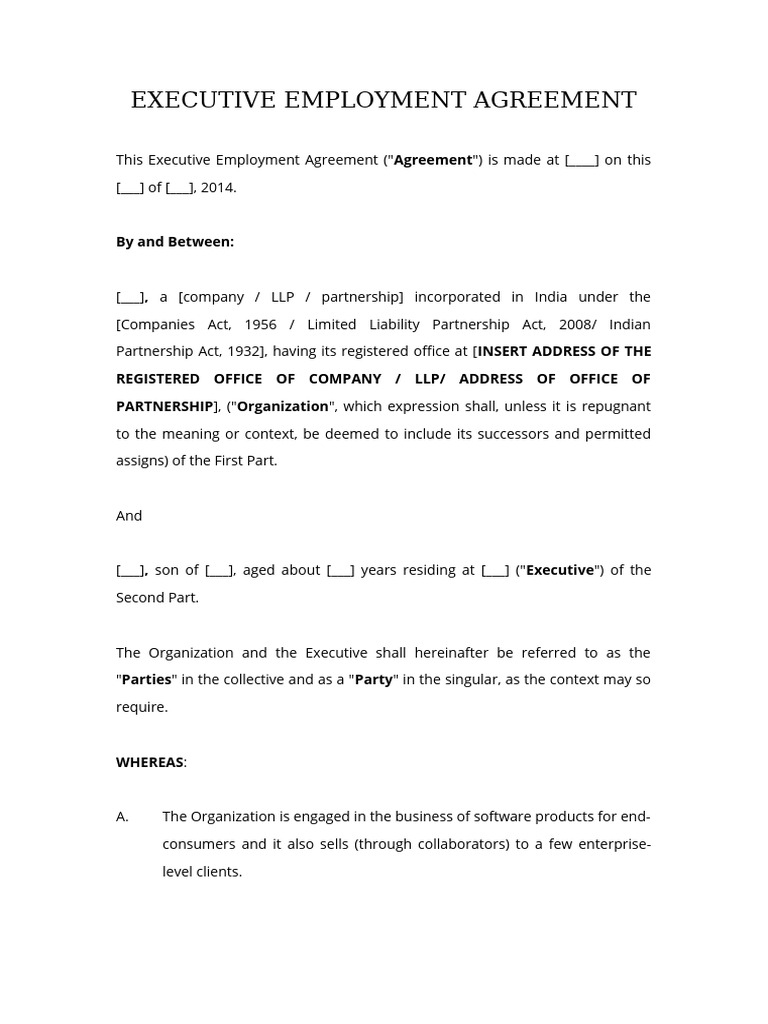 Attachment Template - Executive-Level Employment Agreement Lyst4402 ...