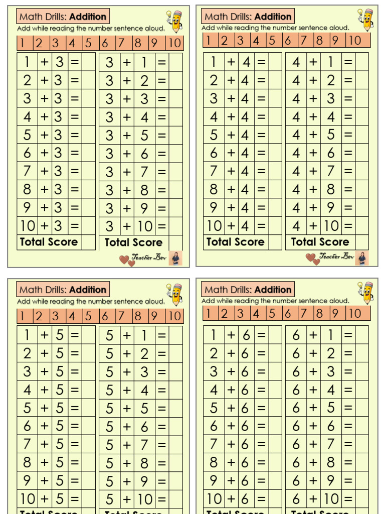 MATH DRILLS by Teacher Bev (Add, Sub, Multiplication & Division) | PDF ...