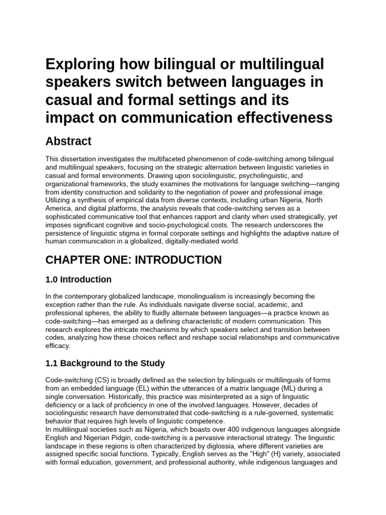 Bilingual Language Switching Dissertation Outline | PDF ...