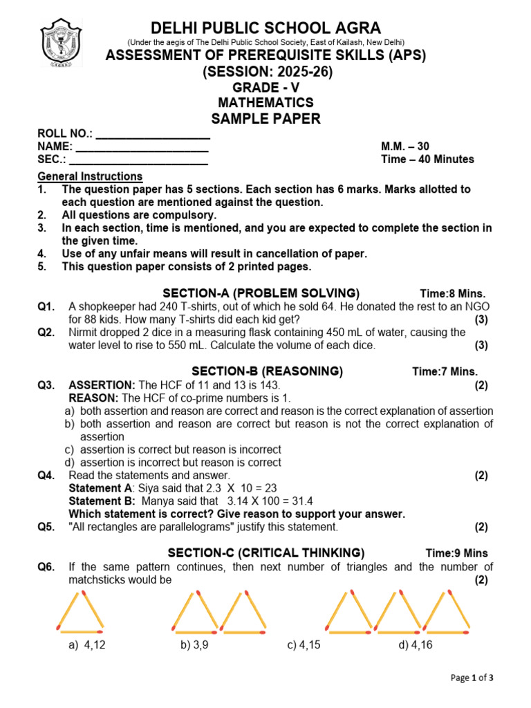 Sample Paper Aps Grade V Mathematics | PDF